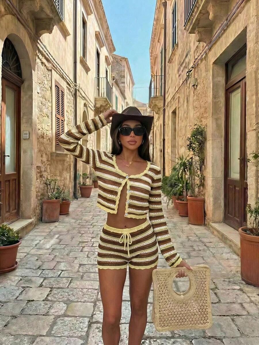 2 piezas Conjunto de top corto y shorts de mujer para verano con bloques de color, rayas y diseño calado. Estilo de vacaciones en la playa, top corto elegante y conjunto de shorts ligeros adecuado para primavera/verano, fiesta en la playa, vacaciones, estilo bohemio, sexy - Multicolor 2 - Ver 1