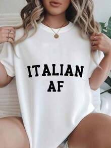 Camiseta Casual Estampada de Moda para Mujer de Italian Af, Adecuada para Todas las Temporadas  
 Negro - Blanco - Ver 7