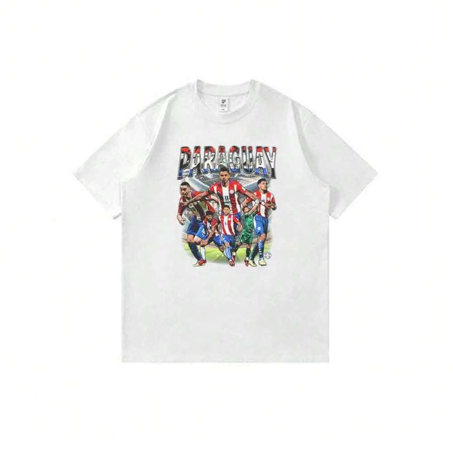 Camiseta unisex de manga corta, corte holgado, con estampado de dibujos animados de anime de la selección nacional de Paraguay, estilo vintage de los 90. - Blanco - Ver 1