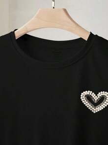 Camiseta de mujer de talla estándar con cuello redondo, manga corta, con cuentas en forma de corazón, hombros regulares-Vintage Street Style Unisexoose Cotton Short Sleeve Crew Neck T-Shirt - Negro - Ver 4