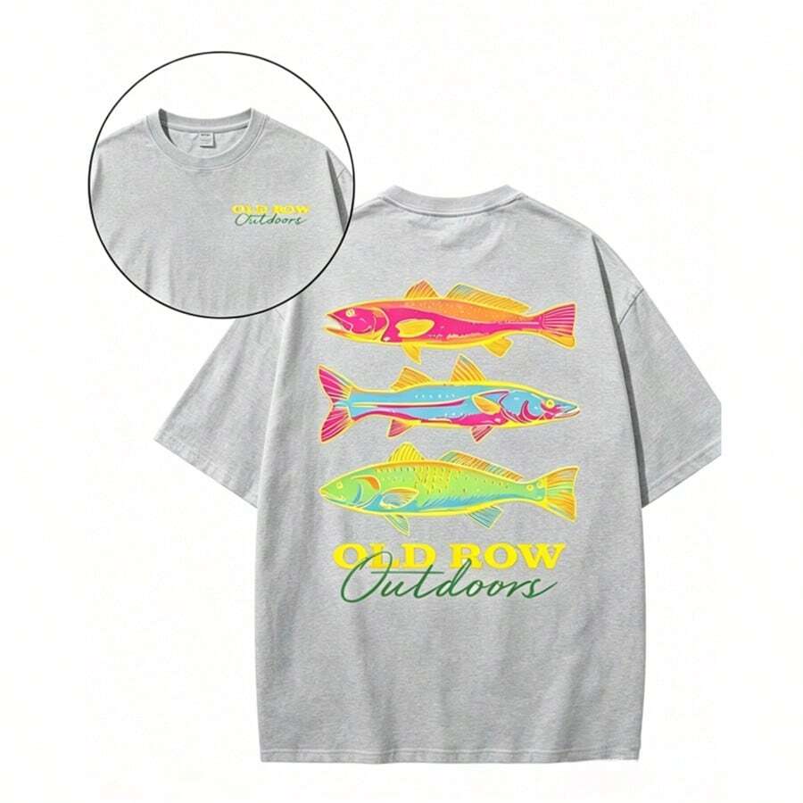 Men's Casual Summer Washed Cotton T-Shirt Old Row Outdoor Fish Print, Round Neck Short Sleeve Lightweight Knitted Fabric, Rib Details 100% Cotton - 純棉灰色 - 查看 1