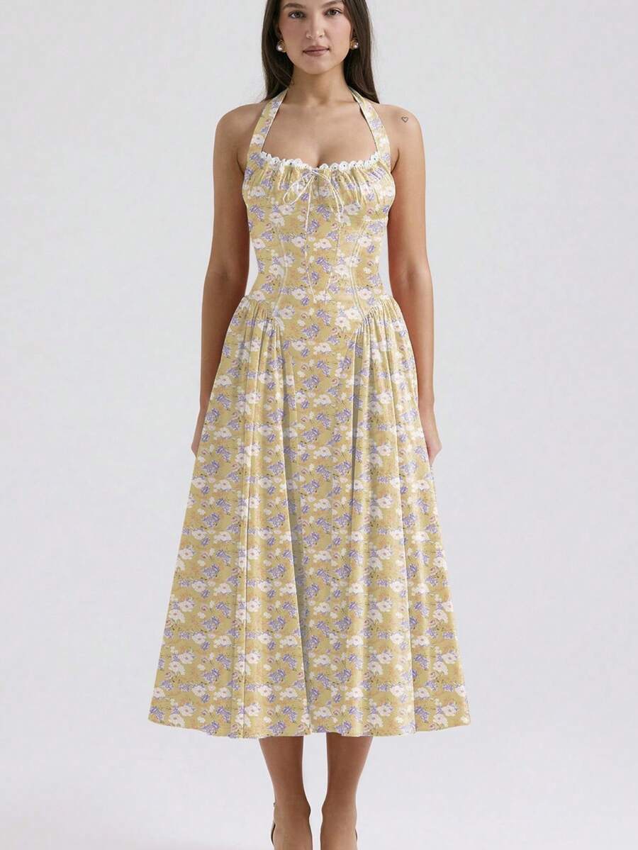 Long Dress With Adjustable Straps And An Elegant European-Style Print. - Yellow - View 1