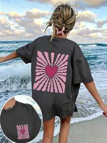 Camiseta de manga corta con cuello redondo y estampado de corazones y rayas.Camiseta de manga corta con cuello redondo, estilo casual y minimalista para mujer, con un diseño lindo, corte holgado, ideal para uso diario y vacaciones.Verano - Gris Oscuro - Ver 3