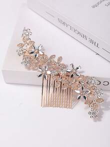 1pc Women's Luxury Rhinestone Flower Hairpin Hair Accessory,Combs,Side Comb - Gold - View 3