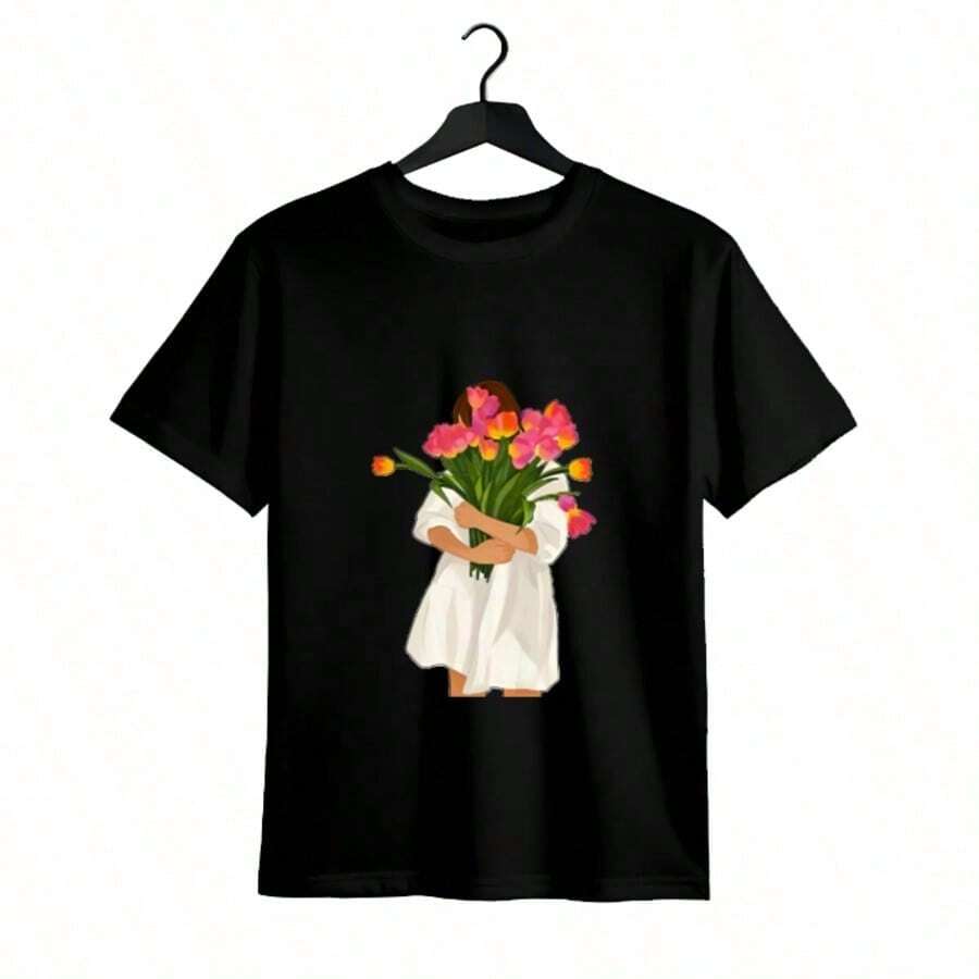 Tops para mujer Casual de Manga Corta para Mujer WXM% Algodón (Estampado Floral Encantador y Gráfico de Chica) - s Estampadas / Tops para Mujer - Casual Negra: Estilo Urbano y para Fiestas - para Uso Diario; Manga corta, cuello redondo, corte regular - El regalo perfecto para cumpleaños o días festivos - Hermoso estilo de verano: Ropa de verano para mujer - Negro - Ver 1