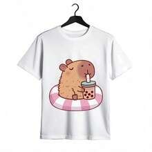 Tops para mujer de algodón de manga corta y cuello redondo para mujer, con estampado de capibara yé de burbujas, de elasticidad media. - Blanco - Ver 1