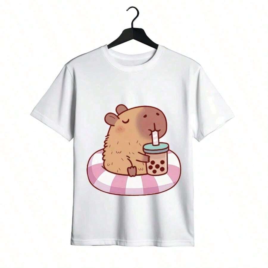 Tops para mujer de algodón de manga corta y cuello redondo para mujer, con estampado de capibara yé de burbujas, de elasticidad media. - Blanco - Ver 1