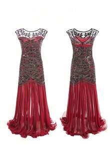 Women's Long Party Dress With V-Neck, Sequin And Lace Embroidery On The Top, Flowing Chiffon Skirt, Various Colors (Green, Black, Red, Champagne), Ideal For Banquets And Formal Events. - 紅色 - 查看 4