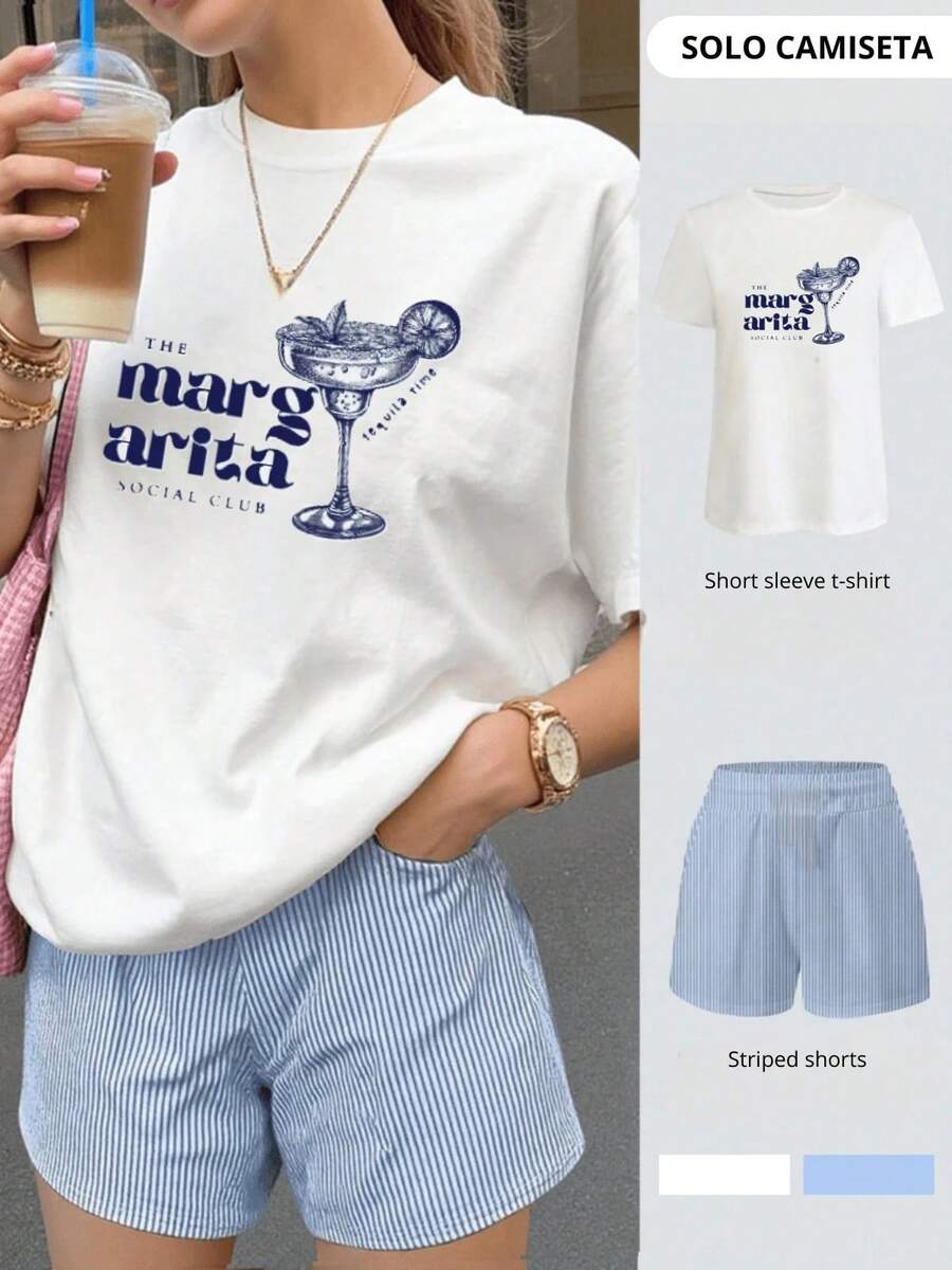 Elegant Blouses For Women, Blouses For Women, Women's T-Shirts. Women's Short-Sleeved T-Shirt With Summer Drink Letter Print. Pure Cotton Short-Sleeve Shirt - 白色的 - 查看 1