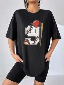 Women's Pure Cotton Printed T-Shirt, Women's Pure Cotton Printed T-Shirt, Number Nine With Red Cap, Glove, Ball, And Bat Symbolizing The Passion For Baseball And Sports Energy, Women's 100% Cotton Casual Comfortable T-Shirts For Everyday Wear - 黑色 - 查看 3