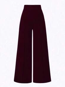 Pantalones de pierna ancha de cintura alta de unicolor para mujer, adecuados para el uso diario - Burdeos - Ver 9
