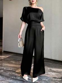 Mono de verano de lujo y elegante para mujeres, mono de satén ligero y de aspecto rico de alta gama - Negro - Ver 7