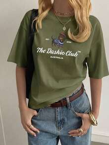 Nuevo Modelo de Verano 2026, Camiseta de Manga Corta Estampada para Mujer, 1 Pieza, para Verano, Tejido de Poliéster, Estilo Multifuncional, Corte Regular, Peso 180 gramos, 1 unidad. 100% algodón, adecuada para salidas al aire libre y uso diario en la calle. - Verde - Ver 12