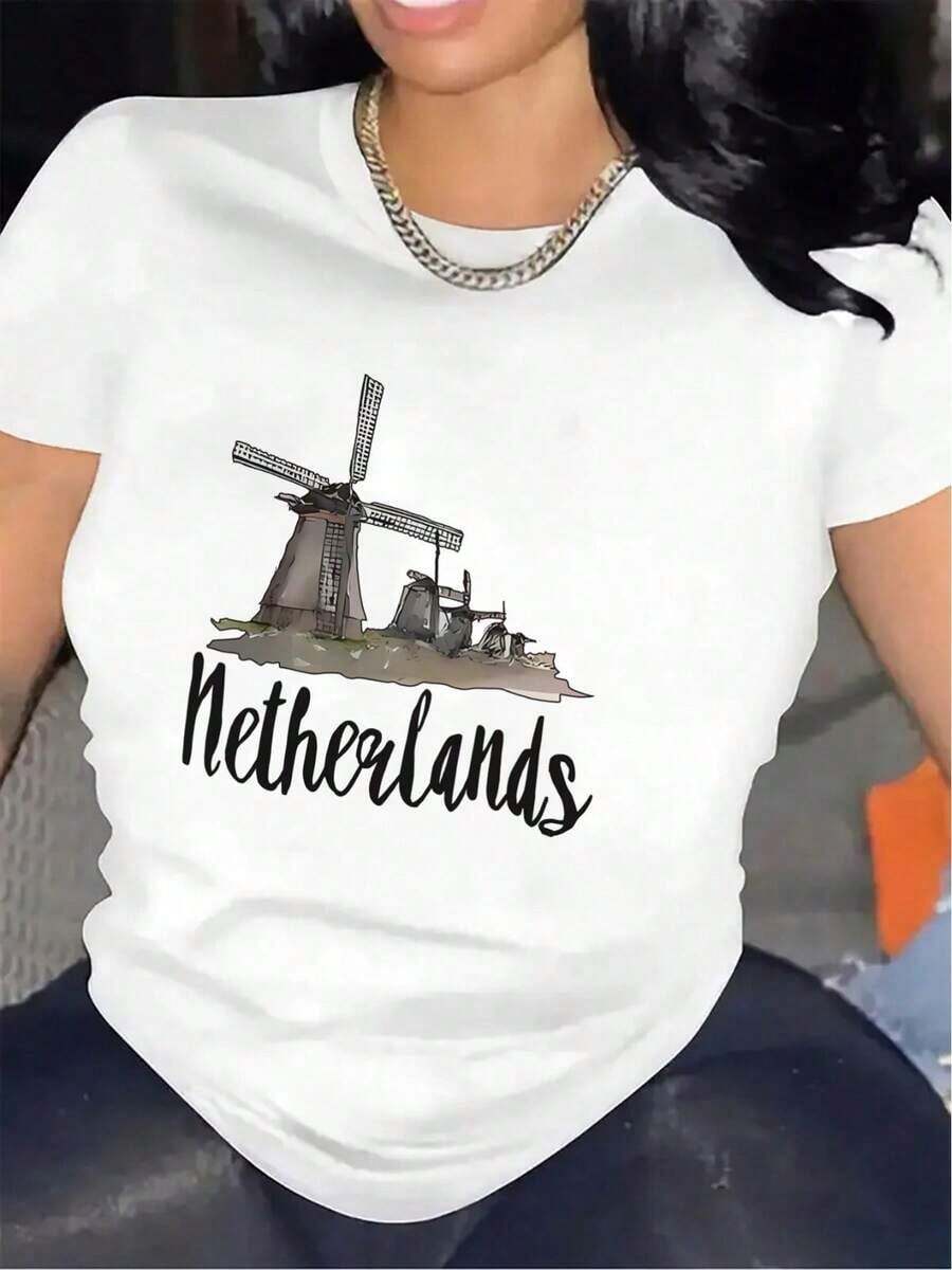 Camiseta de manga corta para mujer de talla grande, estampada con un diseño de molino de viento holandés, material ligero, adecuada para el ocio en casa o para salir a comer, duradera y cómoda, ideal para uso diario. Talla grande, corte holgado, transpirable, ligero, casual, Y2K, ropa urbana, boho, vintage, minimalista, estilo rústico, athleisure, verano, 100% algodón - Blanco - Ver 1