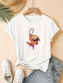 Camiseta de Mujer - Corte Regular, Manga Corta - Diseño Geométrico 2D de un Pez Dorado Atrapado, Diseño Divertido y Animado, Camiseta Casual de Manga Corta con Cuello Redondo, Adecuada para Todas las Temporadas, Disponible en Varios Colores y Tallas, Moda Festiva, Estética Vintage, Material Transpirable, Estampado Interesante. - Blanco - Ver 1