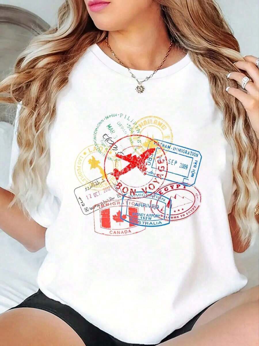 Women's Clothing Bon Voyage Travel Stamp T-Shirt - Soft, 100% Cotton, Short Sleeve, Summer And Outdoor Essential For Men And Women - Perfect For Everyday Wear, Hiking, And Travel - 白色 - 查看 1