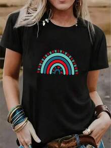 Regalo de camiseta de manga corta casual de cuello redondo suelto impresa arcoíris para primavera y verano para mujeres[COD] - Negro - Ver 1