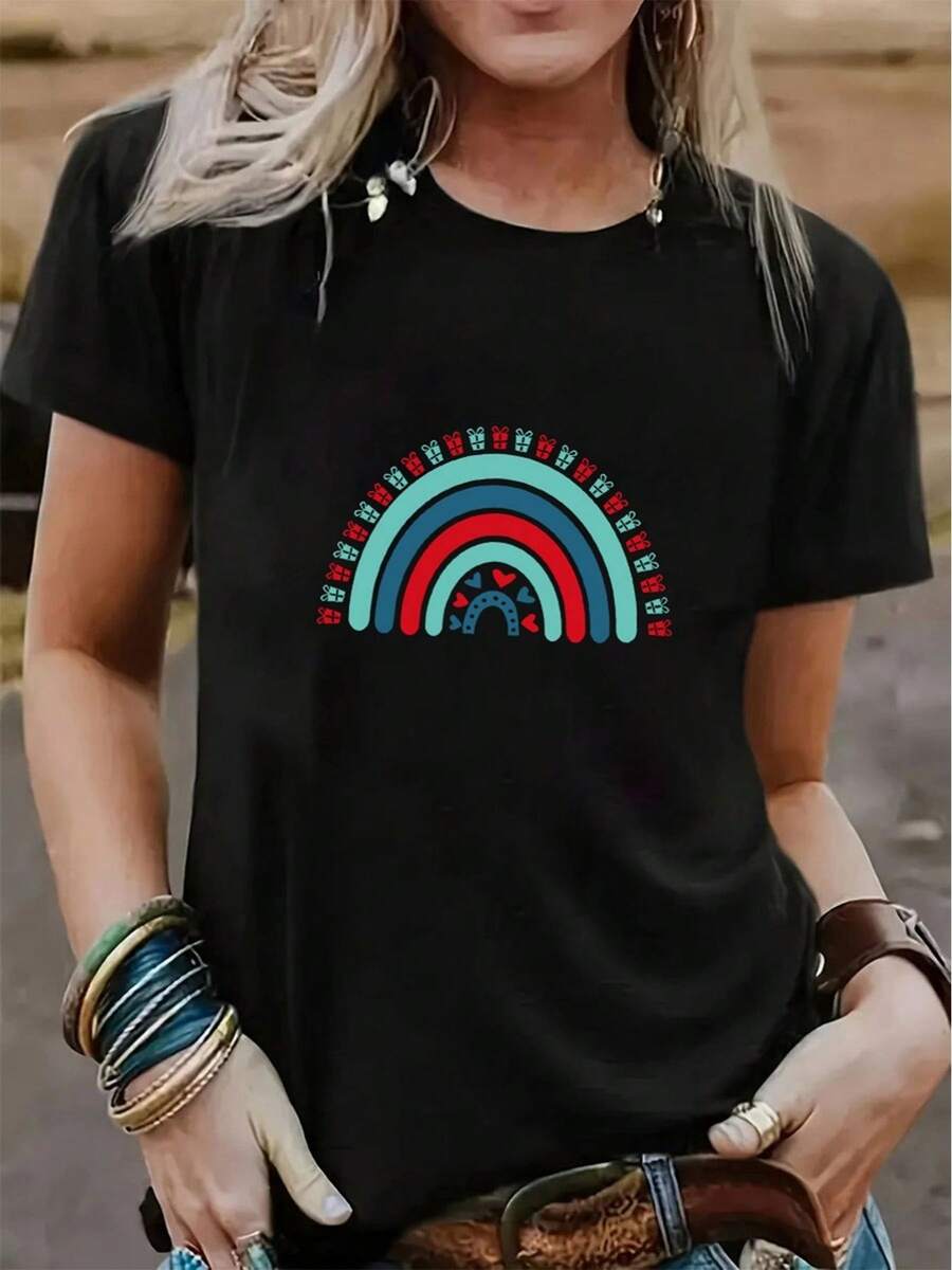 Regalo de camiseta de manga corta casual de cuello redondo suelto impresa arcoíris para primavera y verano para mujeres[COD] - Negro - Ver 1