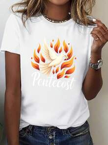 Camiseta de manga corta con estampado de la llama de la Paloma del Espíritu Santo para mujer, cuello redondo, estilo casual, color negro. - Blanco - Ver 6