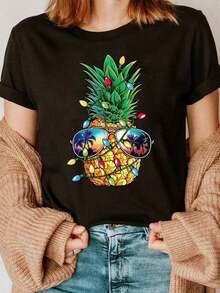 Camiseta Holgada Sencilla Mujer Estilo ModernoCamiseta con Estampado de Piña, Manga Corta, Cuello Redondo, Top Casual para Verano y Primavera, Ropa de MujerCozy Soft Simple Everyday Wear Short Sleeve Top - Negro - Ver 7