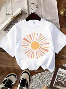 1PC Women's Short Sleeve Crew Neck T-Shirt, Polyester Woven, Casual Style, All Seasons, With Creative Cartoon Sun Print. Women's Warm Clothing - 白色 - 查看 7