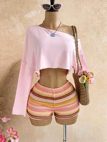 Conjunto de 2 piezas de top asimétrico y shorts de unicolor casual de vacaciones para mujer - Multicolor - Ver 5