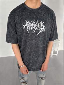 FRACTYR Men's Summer Casual Street Metal Font Graphic Loose Fit Round Neck Printed T-Shirt, Comfortable Breathable Suitable For Outdoor Wear, Solid Color Casual Top - Black - View 3