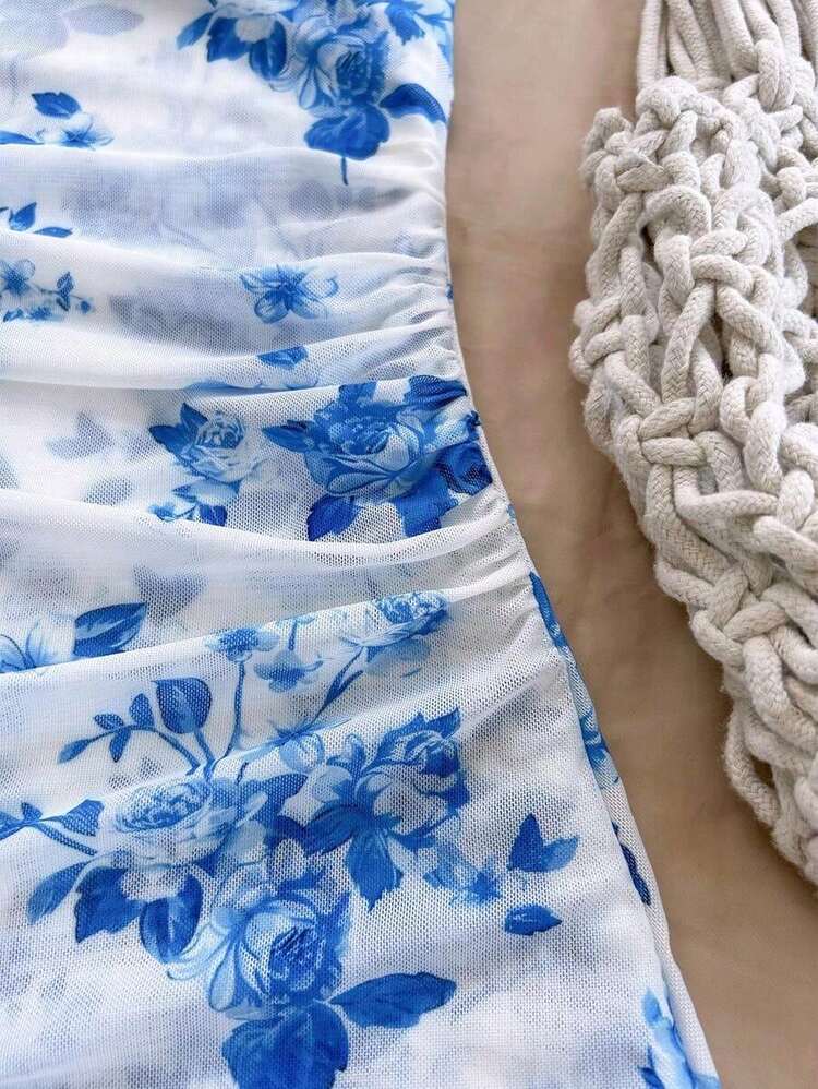 Vestido Mini Sexy Romántico de Vacaciones para Mujer Vintage con Degradado, Cuello Halter en V, Lazos, Malla, Volantes y Bajo Asimétrico, Ropa Bohemia, Vestido Ajustado - Azul y blanco - Añade 4