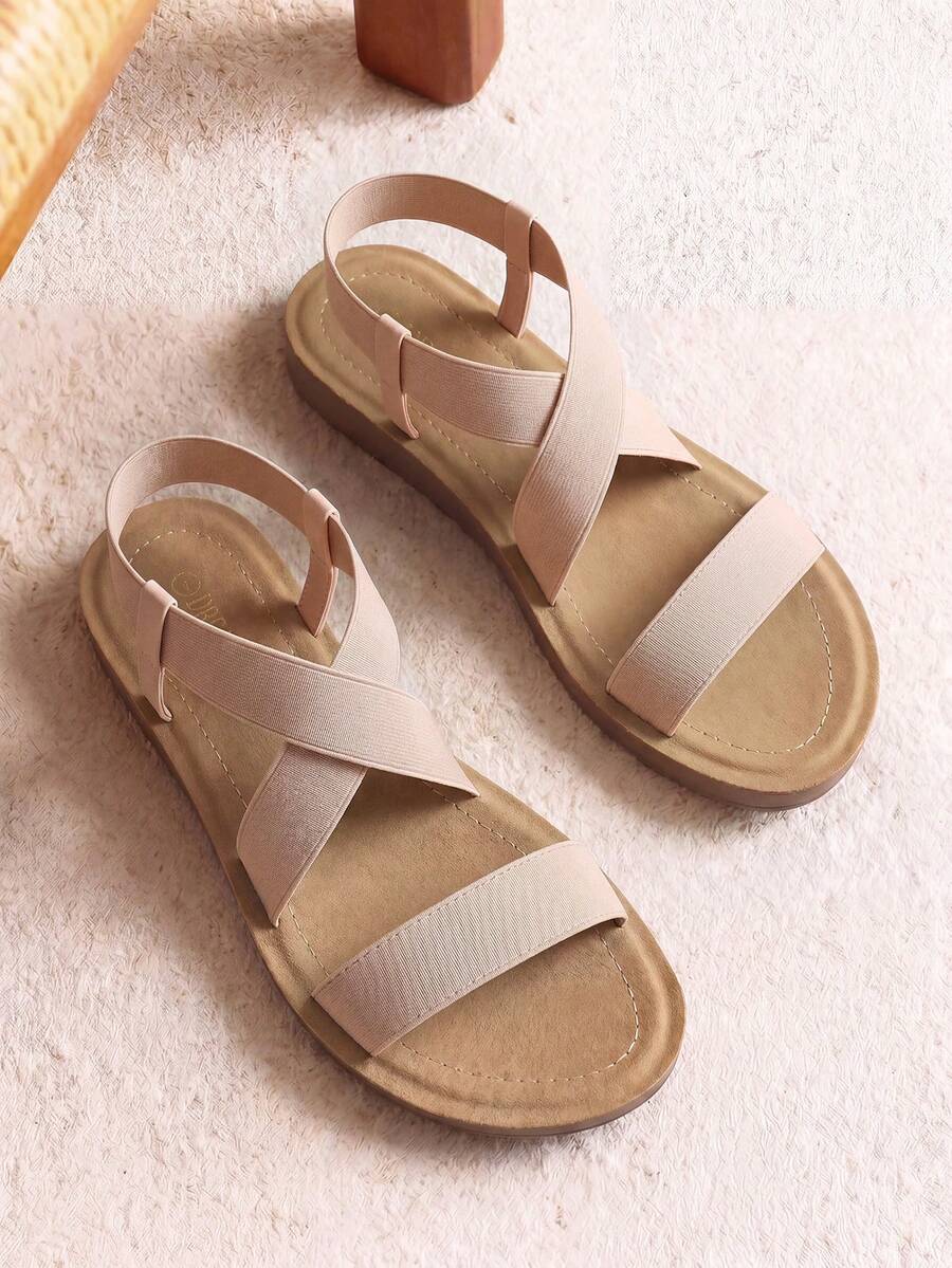 Women's Blush Flat Sandals For Women, Open Toe Elastic Cross Ankle Strap Fashion Summer Flat Sandals - 杏色 - 查看 1