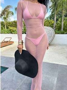 Vestido de manga larga con hombros descubiertos, de malla transparente y ajustado al Body, elegante para el verano - Rosa - Ver 2