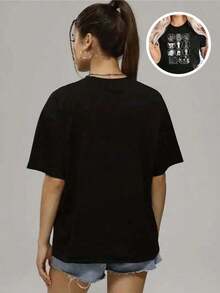 Women's Blouses, Pretty Blouses For Women, Women's Clothing, Women's Outfits, Image 31 Minutos Black And White T-Shirt, Cartoon Character Print Pattern, High-Quality Cotton Print, Round Neck, Basic Loose Fit, Men's And Women's, Breathable, Versatile, Machine Washable, Comfortable, Everyday Casual Sporty Summer Essential - 黑色 - 查看 5