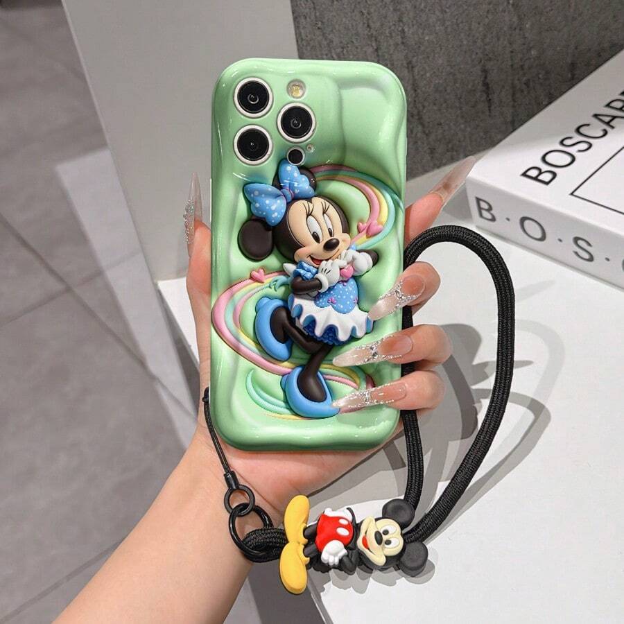 Disney Minnie Mouse Phone Case With Minnie Charm And Lanyard - Cute Minnie Protective Case With Blue Polka Dot Outfit, Rainbow Hearts, And Green Background, Equipped With Delicate Mickey Decorative Lanyard And Beaded Bracelet For Easy Carrying, Compatible With IPhone 17, 16, 15, 14, 13, 12, 11 Pro Series, Ideal For Birthdays, Holidays, Anniversaries, Graduation Gifts, Or Any Special Occasion To Surprise Family, Friends, Classmates, And Loved Ones. - 白色 - 查看 1