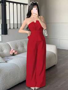 de 2 piezas de top de tirantes con volantes morado y pantalones de pierna ancha para mujer, elegante y de moda, adecuado para la oficina, el transporte, el estilo retro, fiestas, citas, el Día de San Valentín, uso en primavera/verano - Rojo - Ver 6