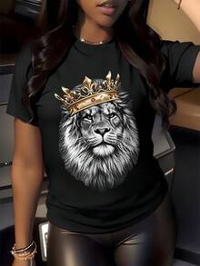Majestic Lion Head With Golden Crown Symbolizing Power, Strength, And Leadership, Reflecting Inner Confidence And Modern Elegance. Stylish Casual Women's T-Shirt For Everyday Wear. - 黑色 - 查看 8