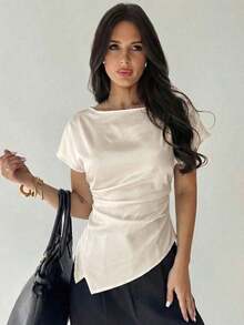 Blusa asimétrica casual y elegante a cuadros, adecuada para ir al trabajo, uso diario casual y vestimenta de negocios de moda / Ropa de otoño para mujer / Atuendos para volver a la escuela / Atuendos de maestra / Blusas para salir / Blusas para salir / Casual de negocios para mujer / Camisa a rayas / Casual de negocios para mujer / Camisas de maestra - Albaricoque - Ver 7