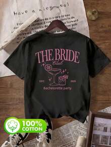 Women's 100% Cotton T-Shirts With Bride Club Print, Round Neck, Short Sleeve, Summer Casual, White - 黑色 - 查看 5