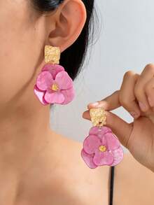 一对粉色亚克力花朵耳钉，复古法式风格独特耳环，优雅女士耳环 - 多色 - 查看 6