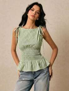 Blusa de cuadros verdes con cuello redondo, cintura con lazo y volantes en el bajo, hombros con lazo, para verano, tops de mujer, tops de verano, tops de concierto, tops de playa, tops con volantes, tops con lazo delantero, tops bohemios, tops de - Verde lima - Ver 8