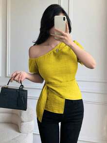 Blusa casual elegante de hombros con nudo, de corte slim para mujeres - Amarillo - Ver 4