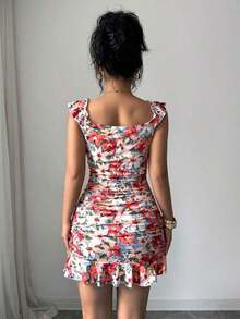 Vestido con estampado floral, volantes y bajo sexy para mujer - Naranja 2 - Ver 2