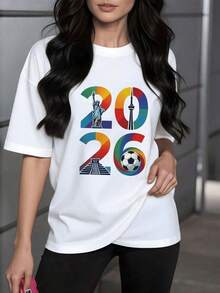 Fashion Printed T-Shirts For Women, Oversized Streetwear Tops, Comfortable And Stylish All-Match Summer Tees. Vibrant Symbols That Unite The Freedom Represented By An Iconic Statue, The Architectural Wonders Of The North, And The Spirit Of Football With Colorful Energy. A Modern And Comfortable Casual Women's T-Shirt. - 白色 - 查看 6