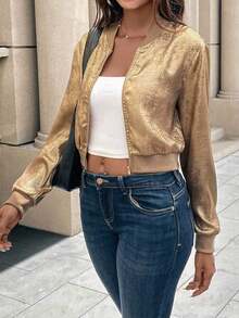 Chaqueta de béisbol con cremallera metálica dorada, puños acanalados, ajuste slim, elegante y versátil, cárdigan corto para ropa de fiesta de Año Nuevo - Dorado - Ver 7