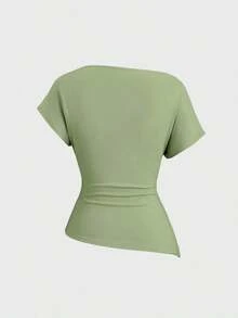 Camiseta de mujer de unicolor con pliegues, ajuste ceñido y hombro asimétrico de manga corta - Verde - Ver 2