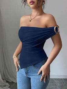 Blusa de verano para mujer con hombros decorados con botones y bajo asimétrico elegante - Azul marino - Ver 4