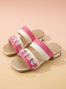 Sandalias planas con flecos de color rosa intenso y blanco crema para niñas de 3 a 12 años, adecuadas para la escuela, fiestas y estilo dulce de niña - Multicolor - Ver 6