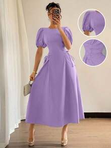 Vestido elegante y romántico para vacaciones de boda de verano 2025 en azul francés regular, con hombros sueltos, mangas abullonadas, cintura drapeada y lazo lateral ajustado - Púrpura malva - Ver 8
