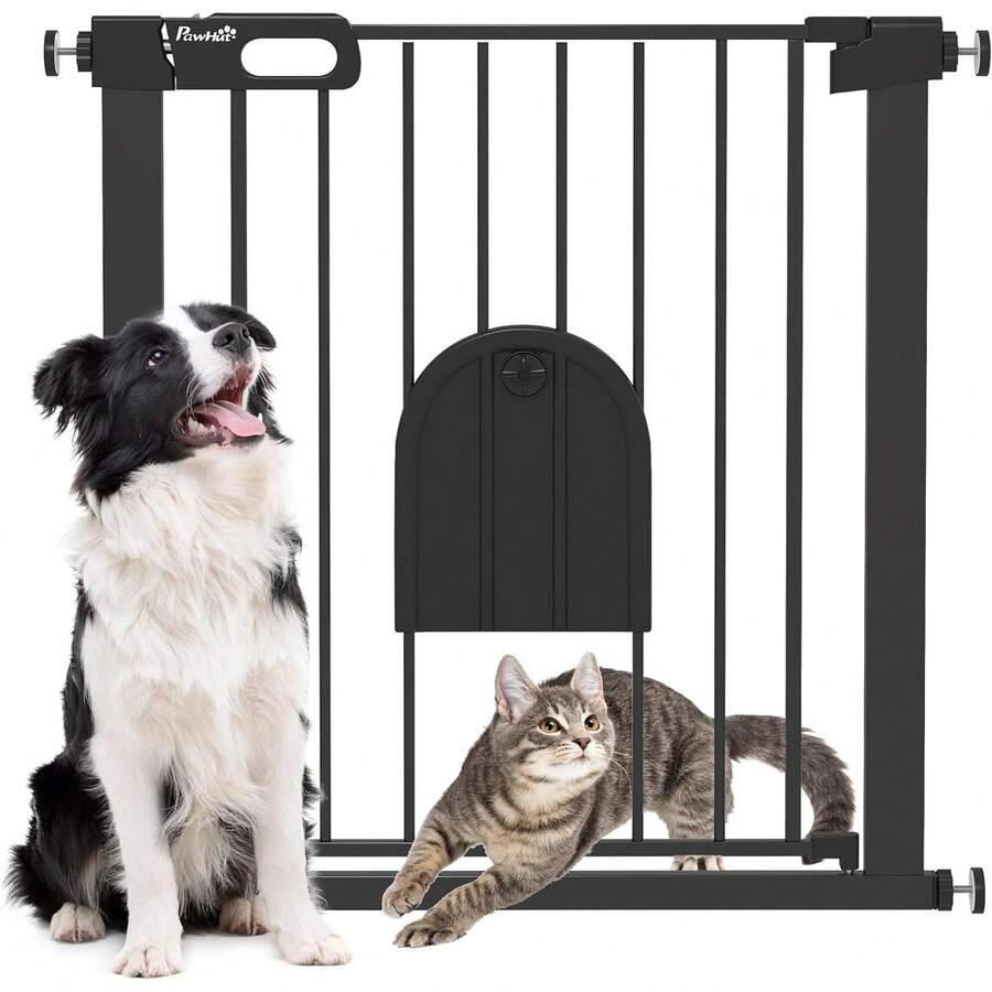 75-103 Cm Pet Safety Gate Pressure Fit Stair W/Small Door Double Locking - Black - View 1