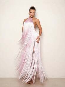 Sexy Halter Neck Backless Long Tassel Dress Gown - Baby Pink - View 4