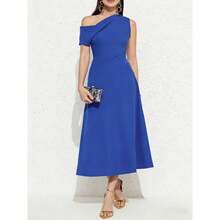 Vestido de fiesta de verano azul puro para mujer con hombros al descubierto estilo A elegante y delgado - Azul - Ver 1