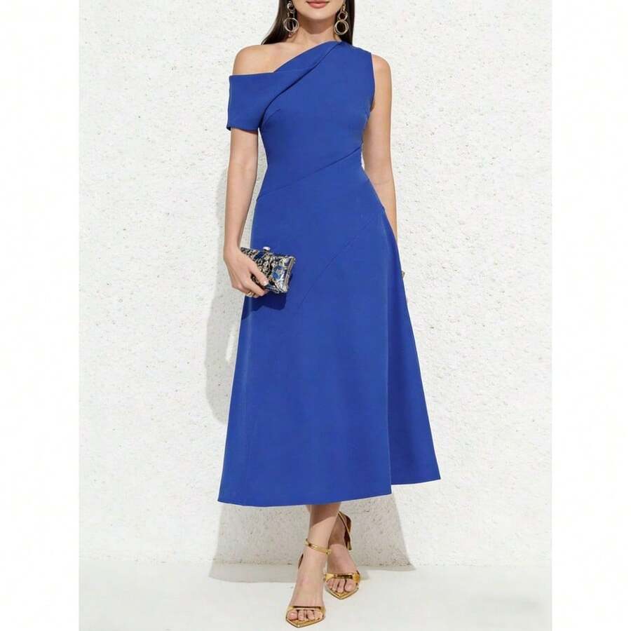 Vestido de fiesta de verano azul puro para mujer con hombros al descubierto estilo A elegante y delgado - Azul - Ver 1